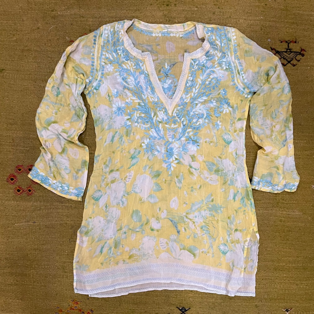 Vintage Yellow & Light Blue Floral Tunic Top, beach pool
Cover up